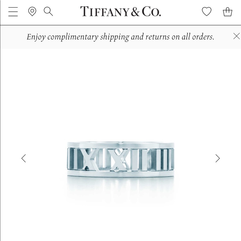 Tiffany & Co. Atlas Open Ring Size 8.5 with jewelry bag, box, and bag
